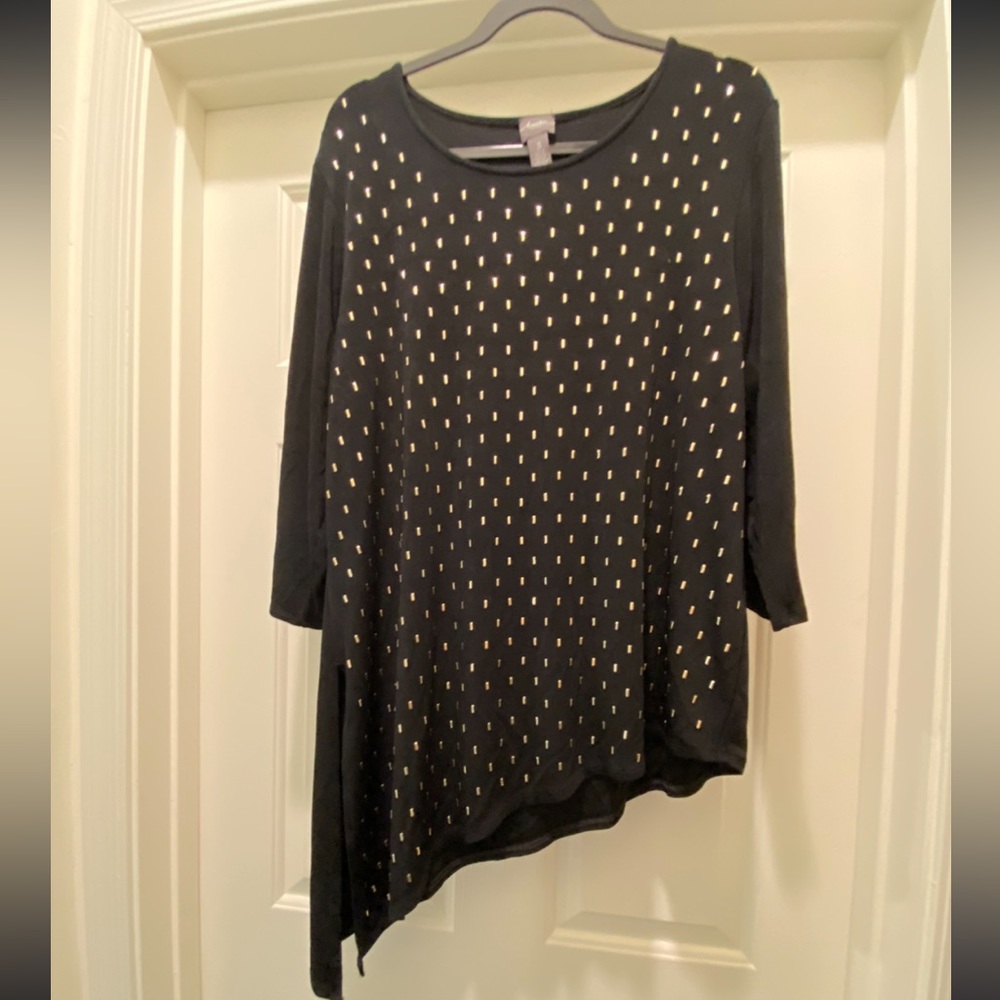 Chico’s Travelers Black Asymmetrical Gold Tone Embellished Tunic. SZ 3=16-18